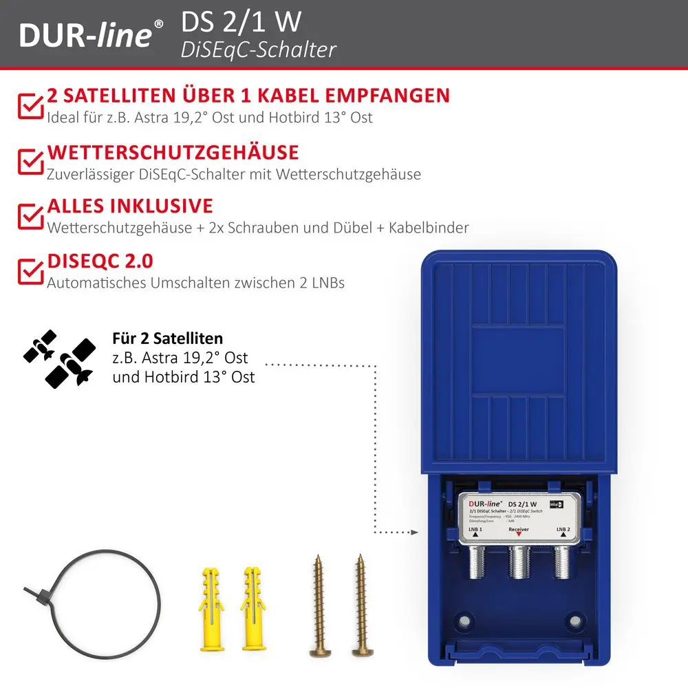 DUR-line DS 2/1 W DiSEqC-Schalter – Highlights und Ausstattung im Überblick DUR-line DS 2/1 W - DiSEqC-Schalter