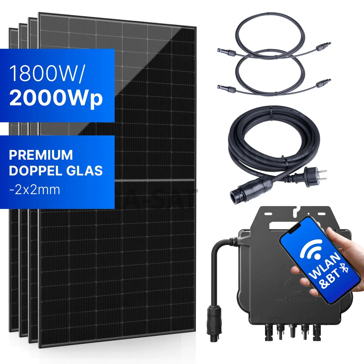 Balkonkraftwerk 1800W/2000Wp bifazial mit 5m Anschlusskabel Balkonkraftwerk 1800W/2000Wp bifazial mit 3 - 20m Anschlusskabel