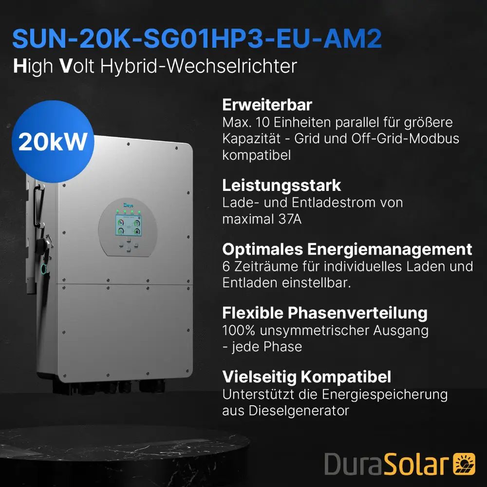 Deye SUN-20K-SG01HP3-EU-AM2 - Dreiphasig - 2/2+2 MPPT - Hybrid-Wechselrichter - Hochspannungsserie