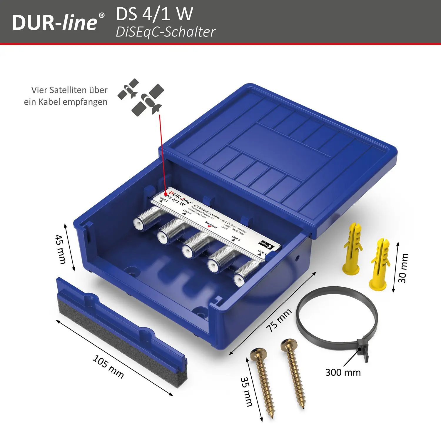 DUR-line DS 4/1 W DiSEqC-Schalter – Abmessungen und technische Zeichnung DUR-line DS 4/1 W - DiSEqC-Schalter