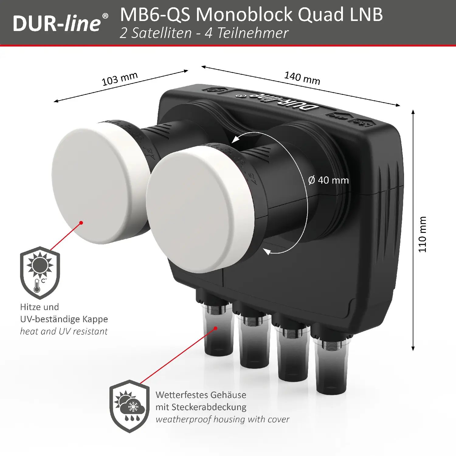 DUR-line MB6-QS Monoblock Quad LNB – Abmessungen DUR-line Monoblock Quad LNB