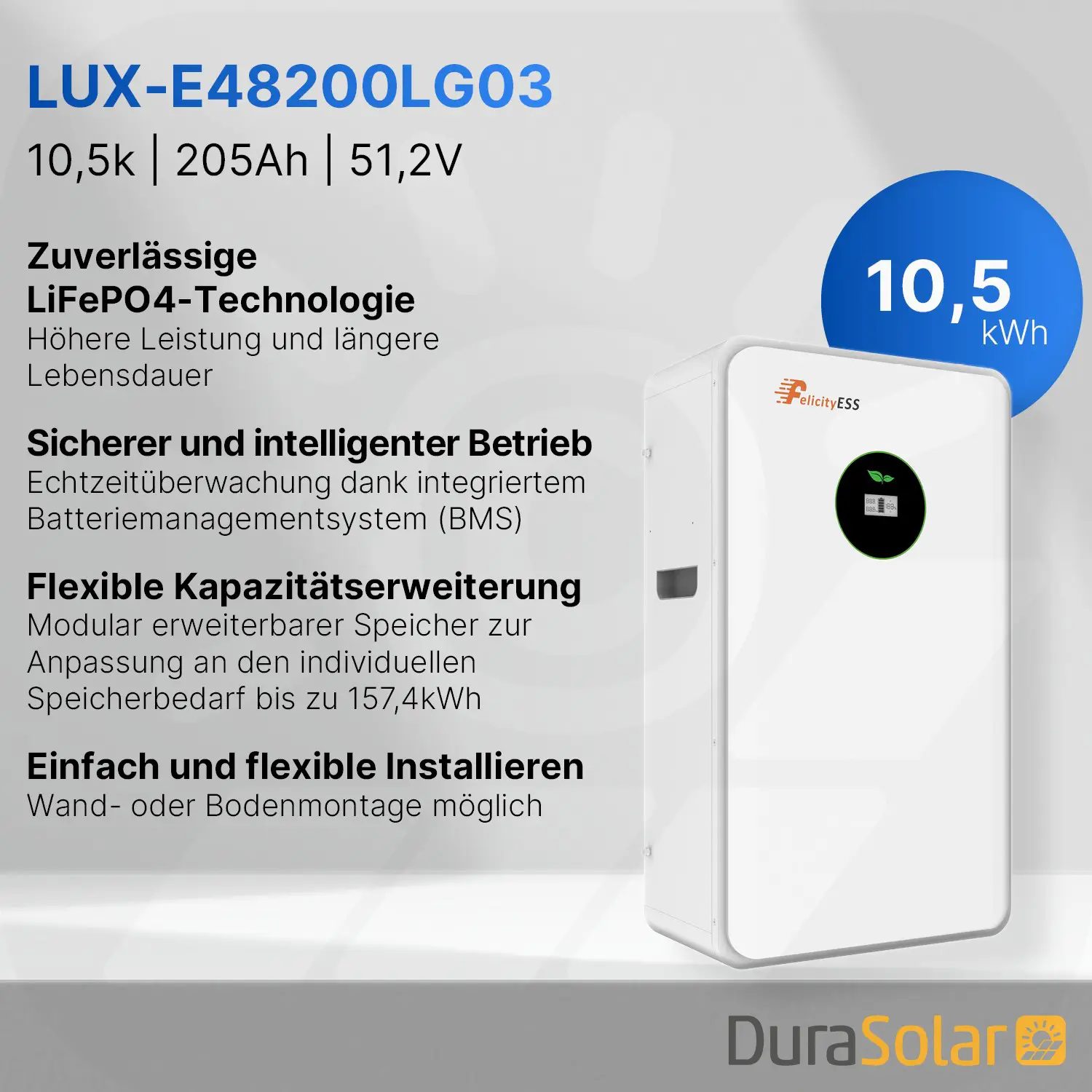 Felicity 10,5kWh PV-Speicher - LUX-E-48200LG03 - Erweiterbare 48/51,2V LiFePO4 Batterie für Solaranlagen