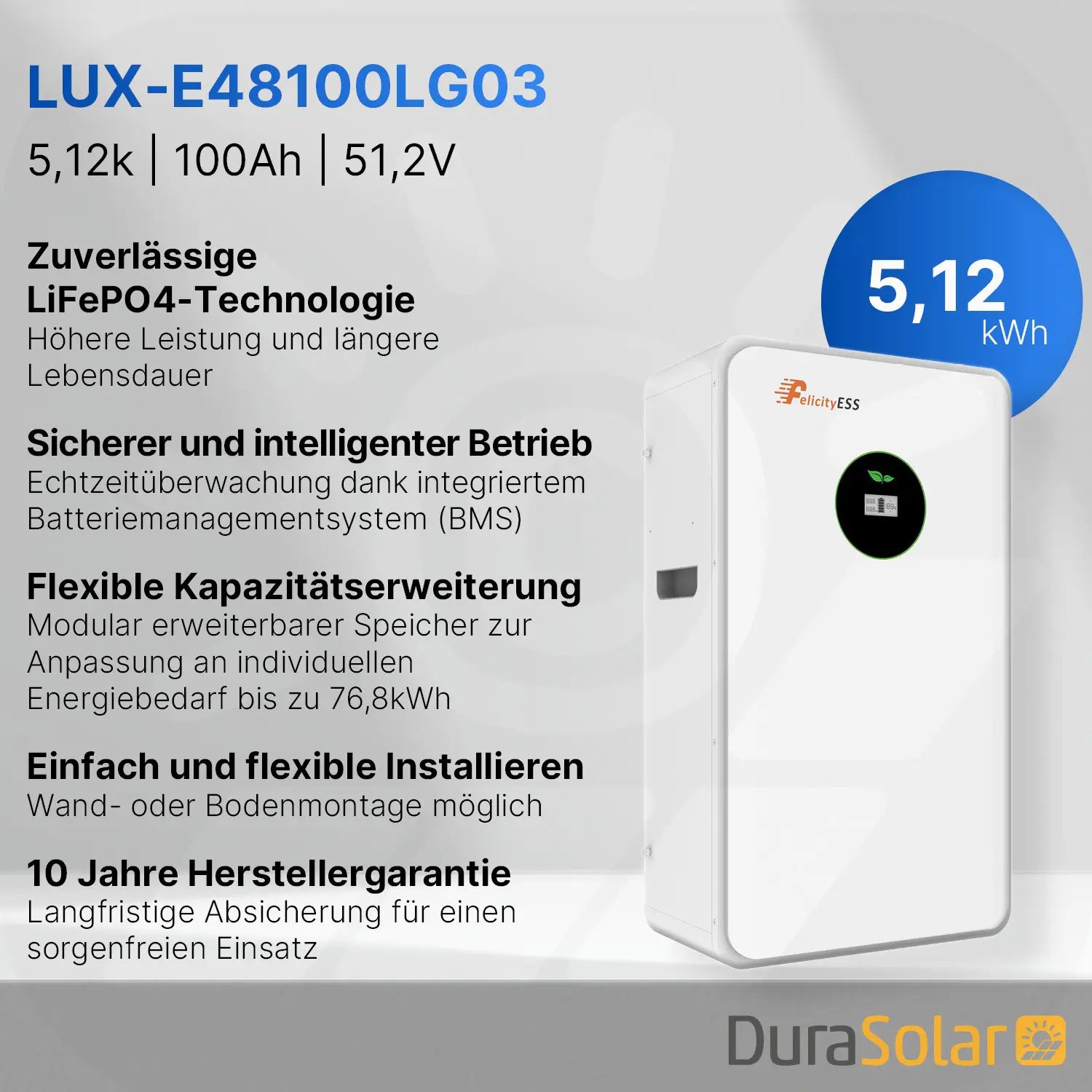 Felicity 5,12kWh PV-Speicher - LUX-E-48100LG03 - Erweiterbare 48/51,2V LiFePO4 Batterie für Solaranlagen