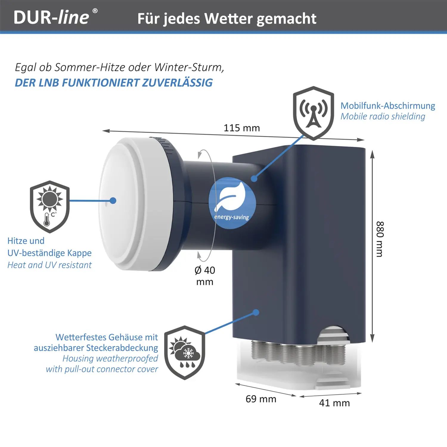 DUR-line Blue ECO Octo LNB – Wetterschutz und Abmessungen DUR-line Blue ECO Octo