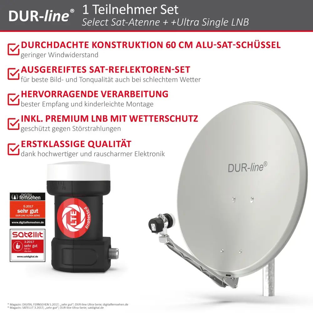 DUR-line Select 60/65 Hellgrau - Sat-Komplettanlage mit Single LNB DUR-line Select 60/65 Hellgrau - Sat-Komplettanlage mit Single LNB