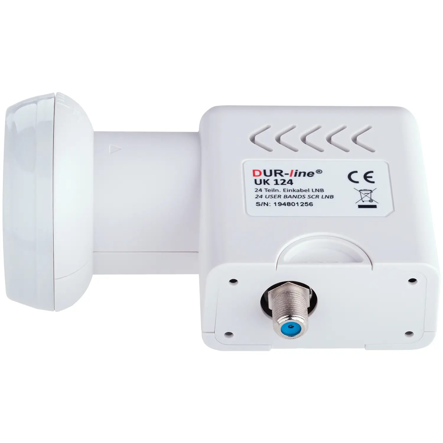 DUR-line UK 124 Unicable LNB – Perspektive von vorn unten DUR-line UK 124 - Unicable LNB
