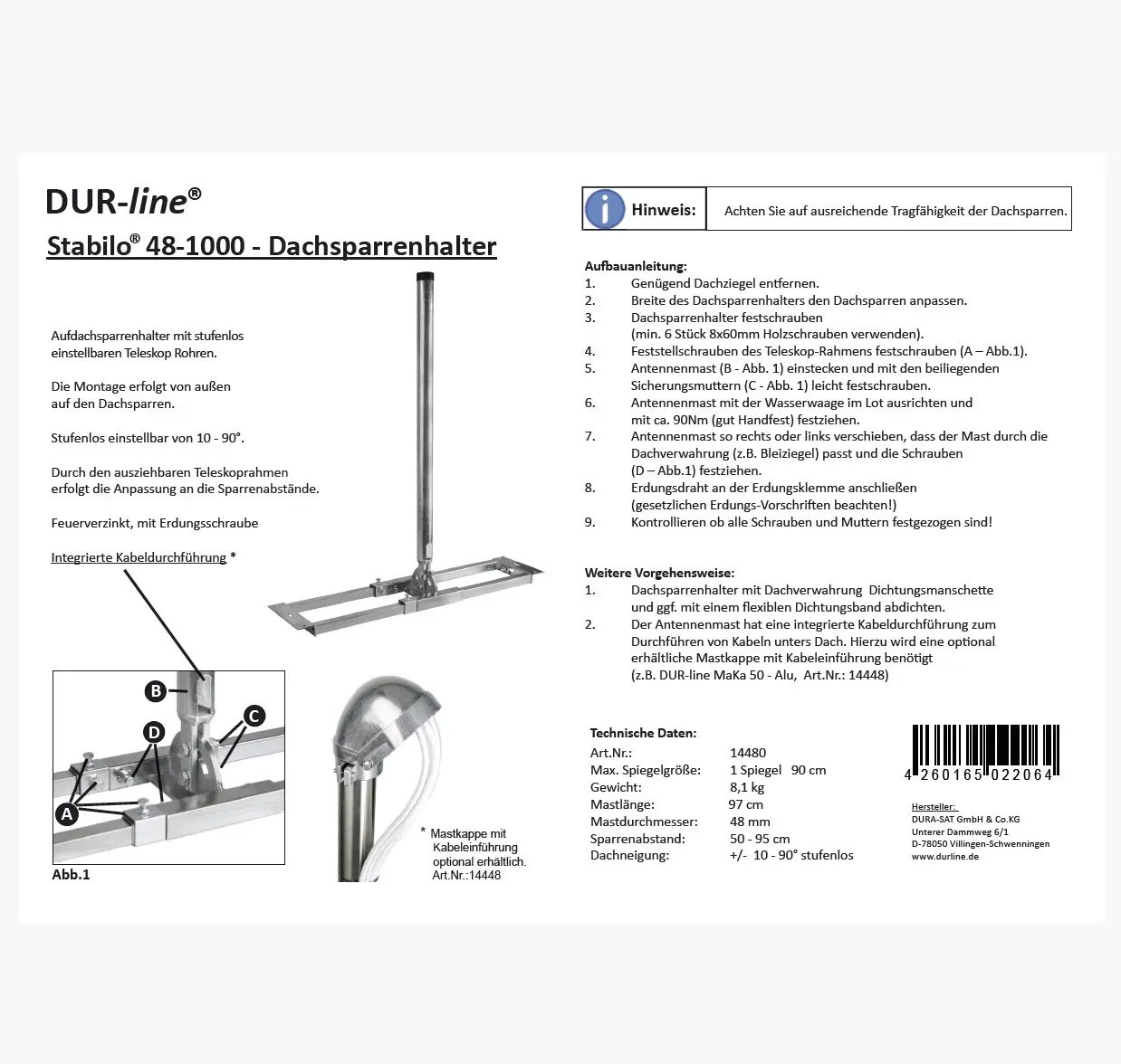 DUR-line Stabilo 48-1000 Dachsparrenhalter – Montageanleitung DUR-line Stabilo 48-1000 - Dachsparrenhalter