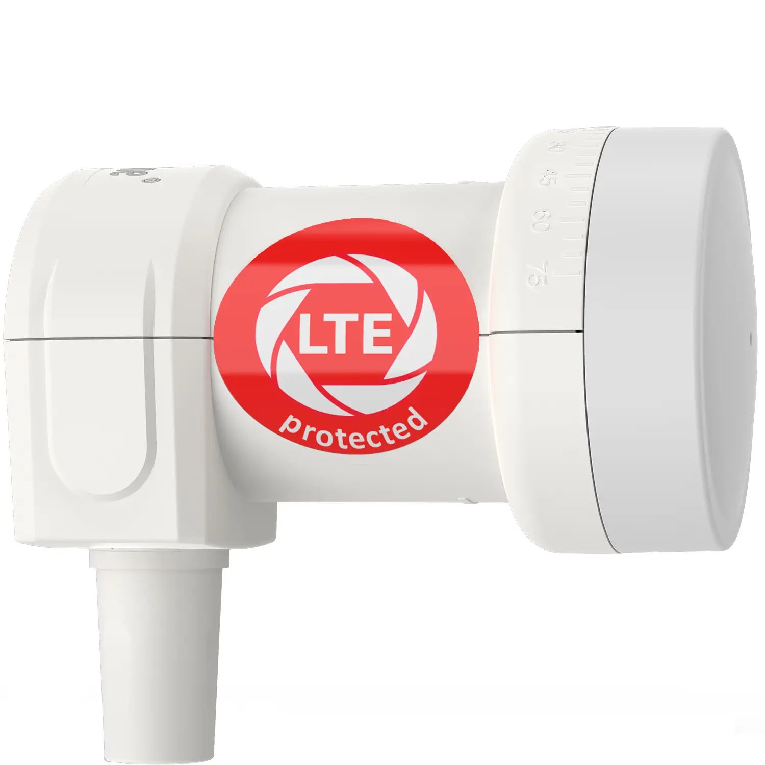 DUR-line +Ultra Single white LNB – Perspektive von vorn mit Wetterschutz DUR-line +Ultra Single white - LNB