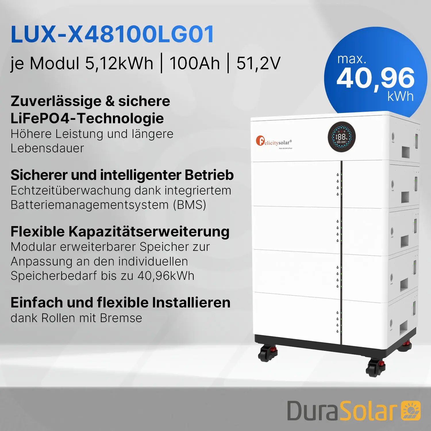 Felicity 5,12kWh PV-Speicher - LUX-X-48100LCG01 - Erweiterbare 48/51,2V LiFePO4 Batterie für Solaranlagen